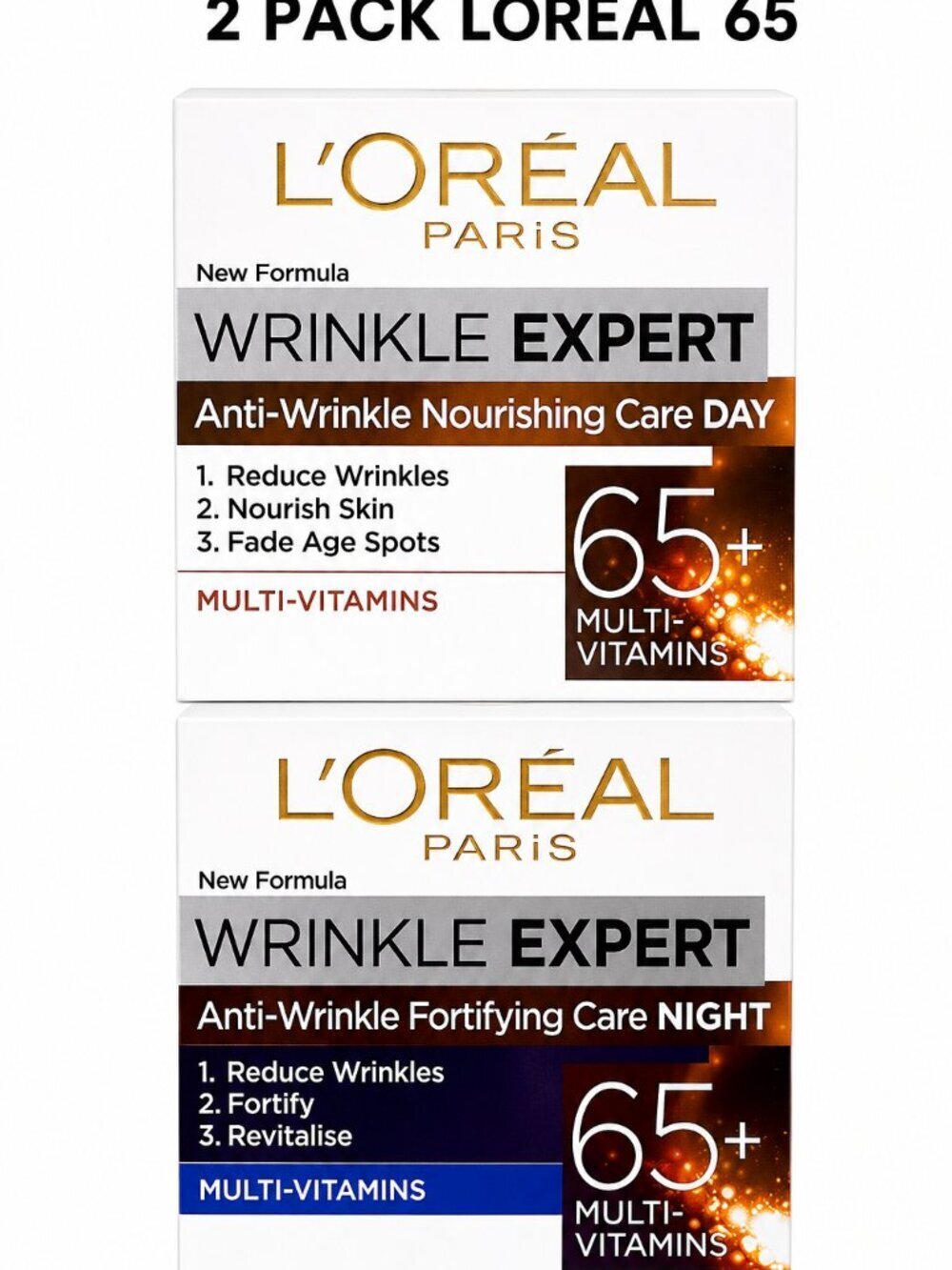 2 Pack L'Oreal Paris Wrinkle Expert 65+ Anti-Wrinkle Day & Night Cream 50ml Each